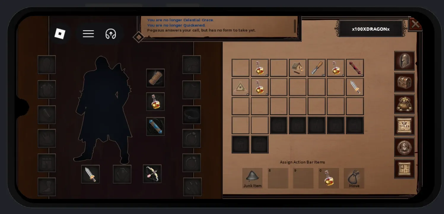 The inventory and equipment screen on a phone