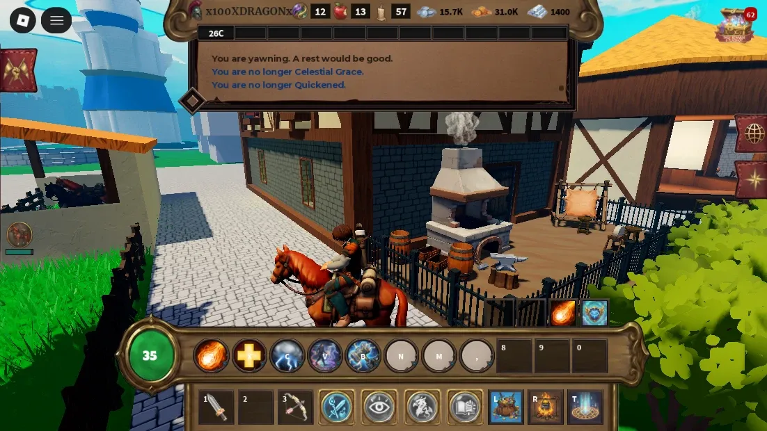 A player on horseback outside the blacksmith in Nexus