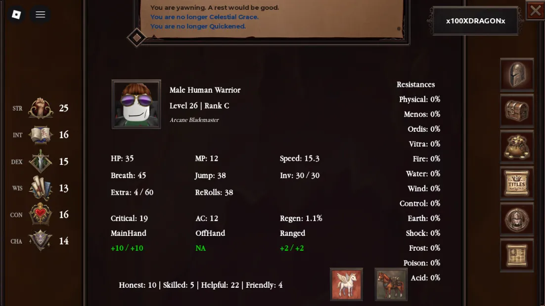 A character sheet showing the six stats, resistances and combat numbers