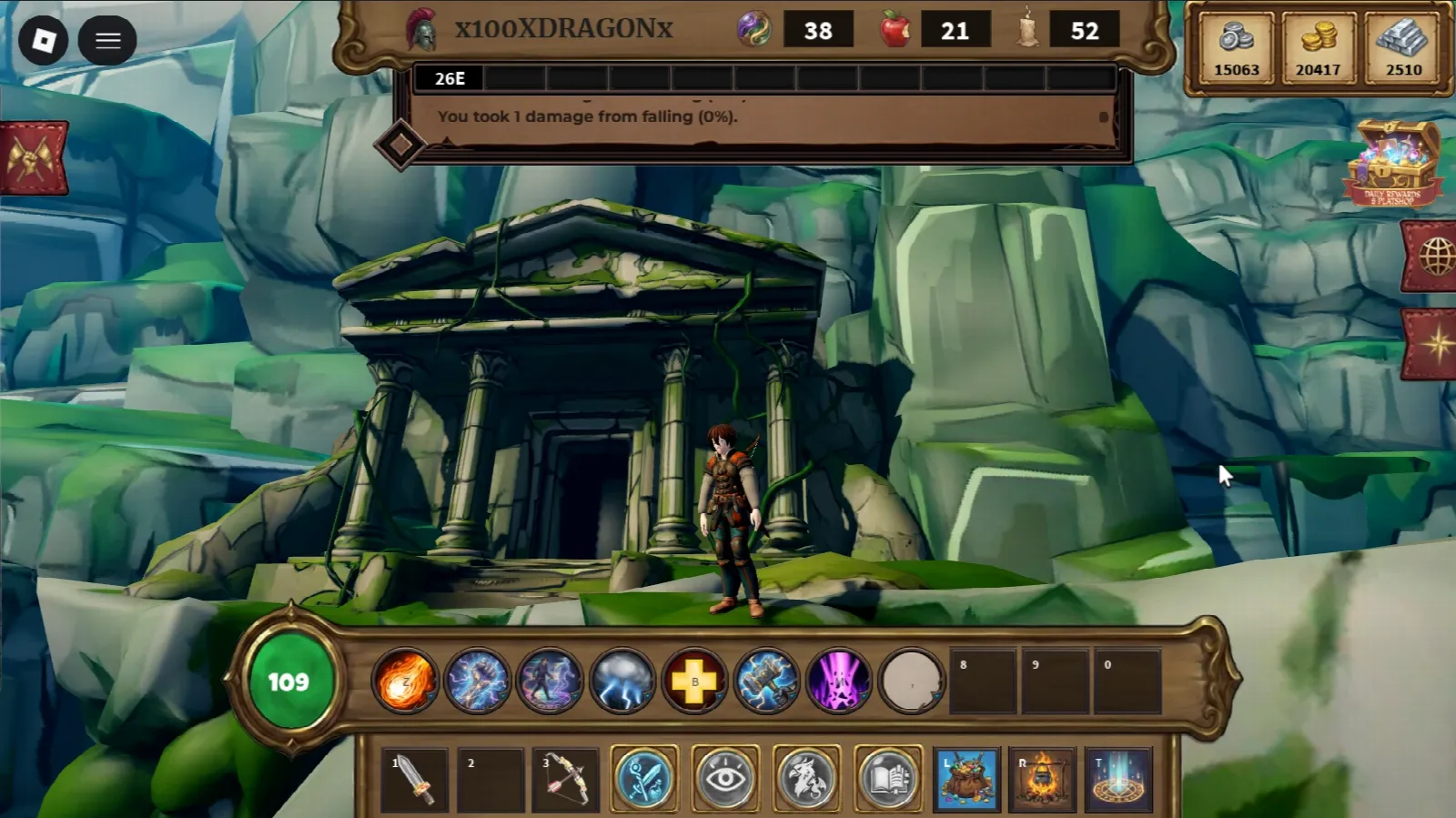 A player standing before an overgrown temple in the cliffs
