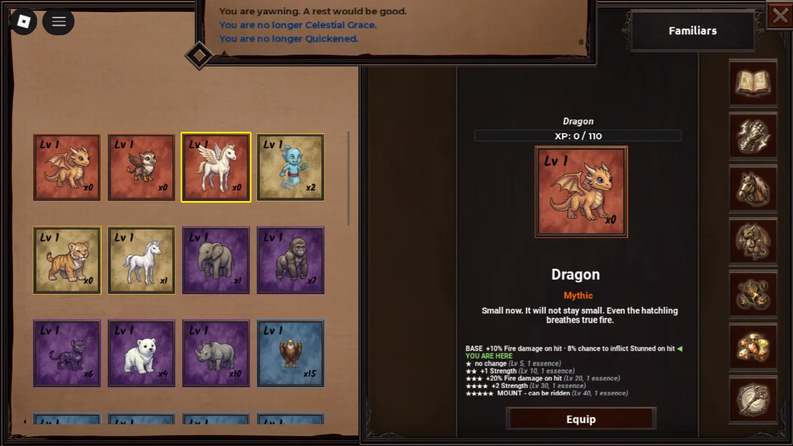 The familiars menu, with a Mythic dragon and its evolution stages