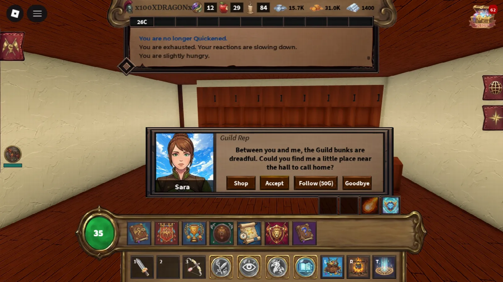 Talking with Sara, the Guild Rep, who offers a quest and can be hired to follow you