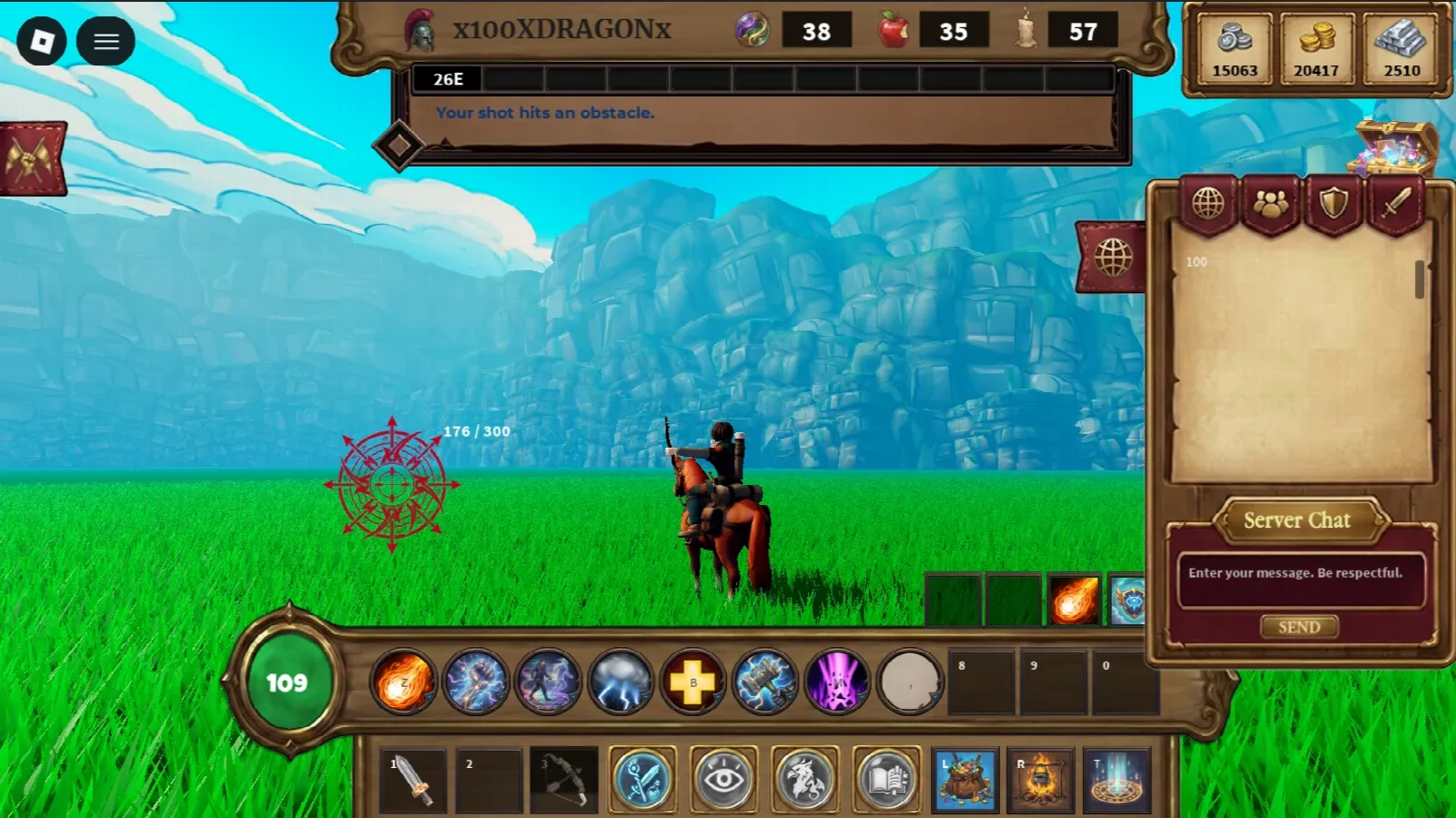 A mounted archer taking aim at a target in the open world