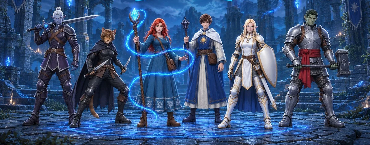 Adventurers of different species and classes, ready for battle
